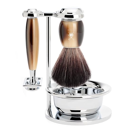 MUHLE VIVO Brown Horn Resin 4-piece Black Fibre Safety Razor Shaving Set