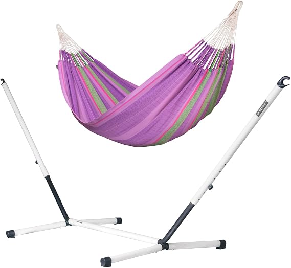 LA SIESTA Flora Classic Cotton Hammock & Nautico Stand - Indoor Outdoor Hammock with Stand - Portable Hammock with Stand for Outside Patio, Large Hammock w/Steel Stand - Max 440 Lbs, King, Blossom