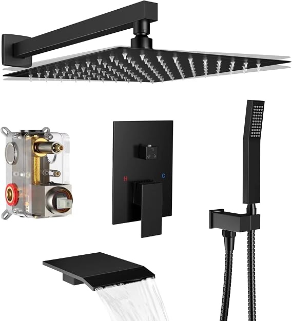 Matt Black Shower System Rain Faucet Set with Tub Spout, 12 inch