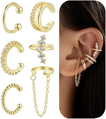 Ear Cuffs Non Piercing Chunky/Thin 14K Gold Plated Ear Cuff Earrings for Women Dainty Cuff for Non Pierced Ears Gold Clip on Cartilage Earring Fake Piercings 6PCS