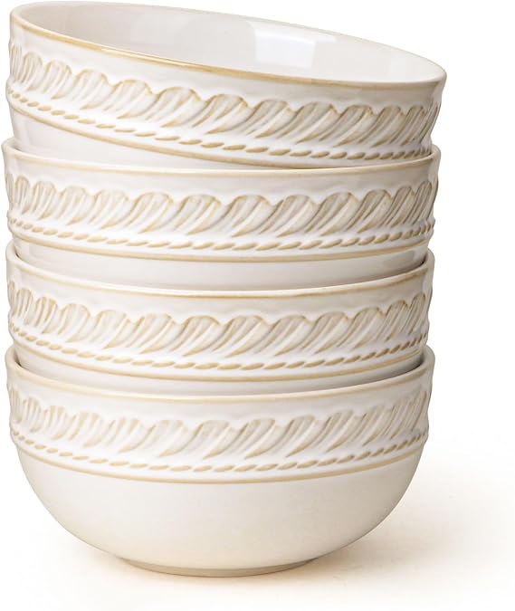 Artena Pasta Bowls, 50oz Large Salad Serving Bowls, 9.75'' Plates Bowls Set of 4 & Soup Bowls 32 OZ, Cereal Bowls Set of 4, Embossment Ceramic Ramen Bowls, 6.3 Inch White Salad Bowls