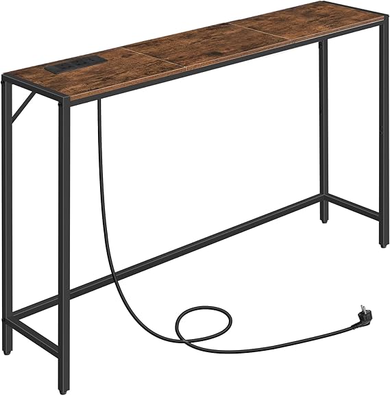 MAHANCRIS Console Table, Narrow Sofa Table, 43.7 Entrance Table with Power Station, Behind Couch Table, Simple Style, for Living Room, Hallway, Entryway, Foyer, Rustic Brown and Black CTHR112E01