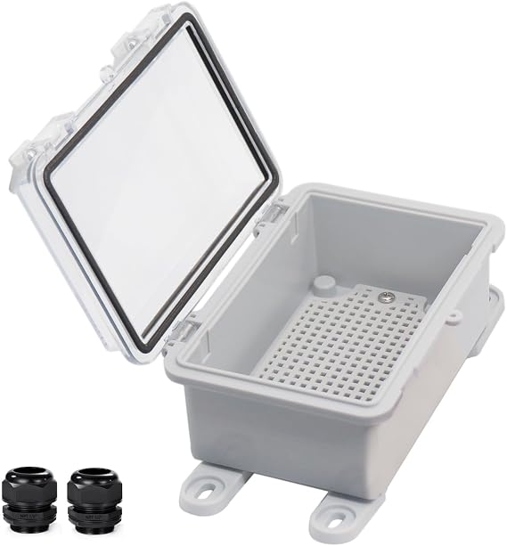 Waterproof Electrical Box Dustproof Junction Box Weatherproof IP67 ABS Plastic Enclosure Switch Router Project Box with Mounting Plate with Wall Bracket 2 Cable Glands Clear 5.9"x3.9"x2.8"