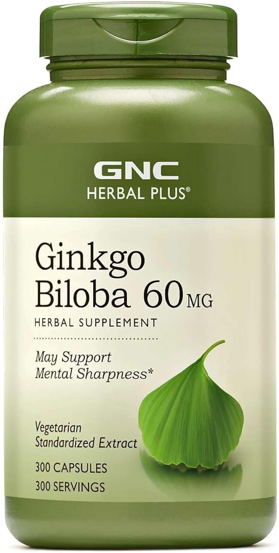 GNC Herbal Plus Ginkgo Biloba 60mg Supplement, Vegetarian, Supports Mental Sharpness, 300 Servings | Supports Peripheral Blood Flow, Contains Flavonoids and Terpenoids Antioxidants, Vegetarian, Gluten-Free, No Added Sugar