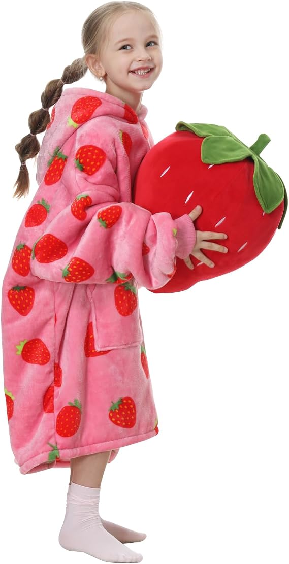 Aemicion Strawberry Blanket Hoodie Gifts for Kids,Oversize Sherpa Wearable Blanket,Cozy Sweatshirt Blanket for Girls