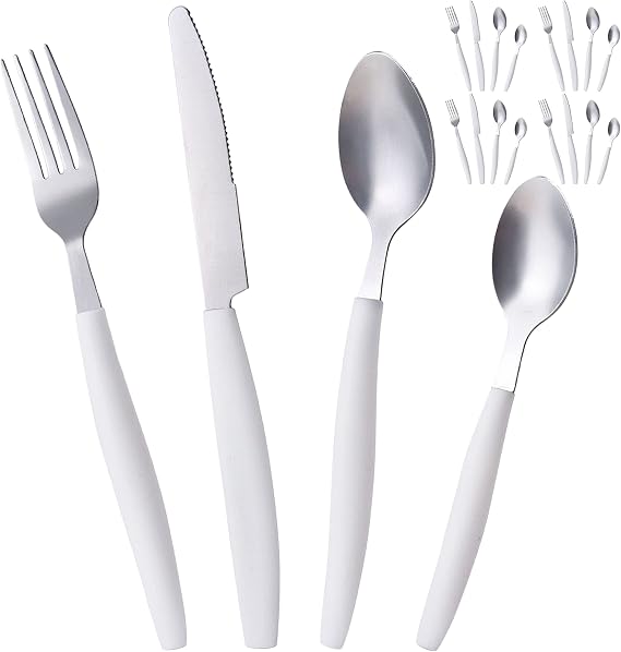 ALPINE CUISINE Flatware Set 16 Piece Service for 4, Stainless Steel Flatware Cutlery Set Includes Dinner Knives/Forks/Spoons - Great for Camping or College Dorms - Dishwasher Safe - White