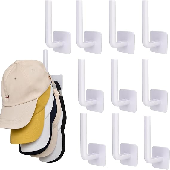 10 PACK Hat Racks For Baseball Caps Wall, Hat Rack For Storage, Strong Adhesive Hat Hooks for Wall Hat Organizer, Hat Hanger for Door, Bedroom, Closet (White)