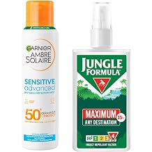 Jungle Formula Maximum Strength Insect Repellent Pump Spray (90ml - 50% DEET) & Garnier Ambre Solaire Sun Spray SPF 50+ (150ml) - Travel Bundle for Insect and Sun Protection