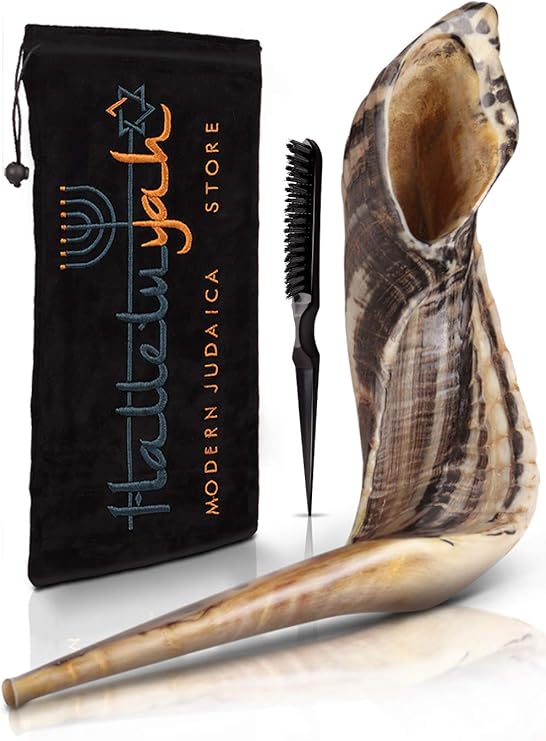HalleluYAH KOSHER ODORLESS Ram Horn Shofar - 14"-16", Smooth Mouthpiece, Velvet Bag, Clean Brush, Shofar Guide - Made In Israel