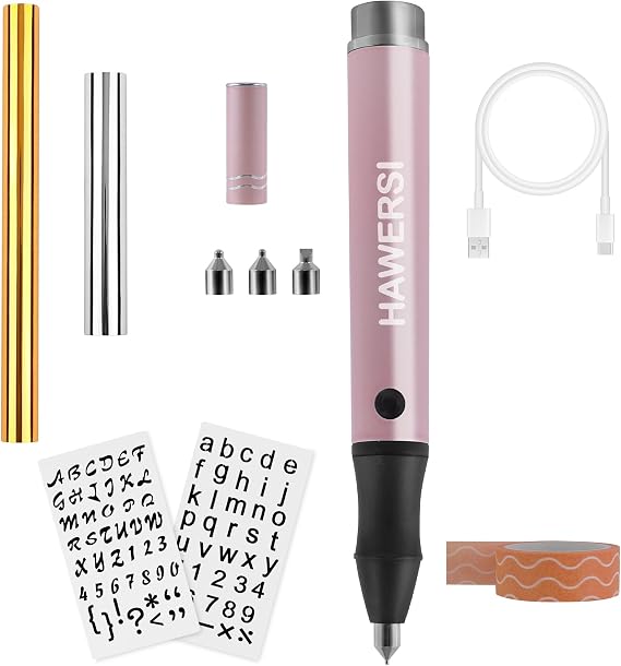 HAWERSI Cordless Hot Foil Pen Starter Kit,Foil Quill Tool with Stencil Sheets,4 Metal Tips(Fine,Standard,Bold,and Flat),Rolls in Gold,Silver and Placement Tape DIY Scrapbooks,Leather,Cards