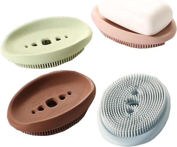 Soap Dish, 4 PCS Soap Dishes for Bar Soap, Dual-uses Silicone Soap Holder Back Brush for Cleaning, Soap Saver Tray with Drain