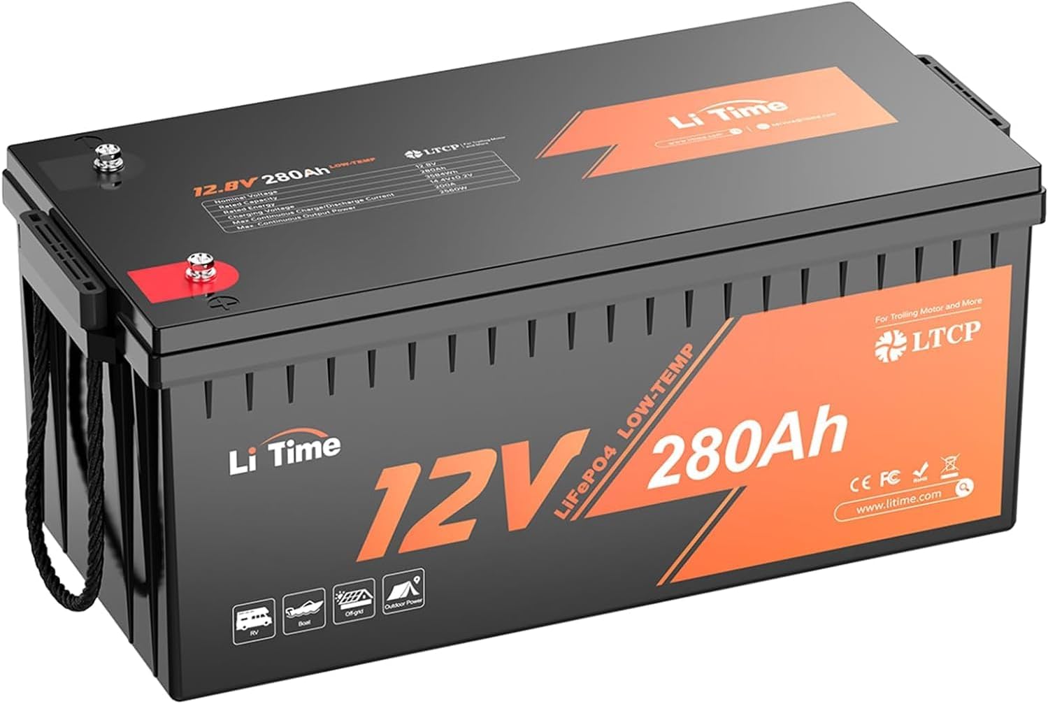 LiTime 12V 280Ah Plus LiFePO4 Battery Low-Temp Protection Built-in 200A BMS Max 3584Wh Energy Up to 15000 Deep Cycles Perfect for Solar System Motorhome Camping Boat Home Energy Storage