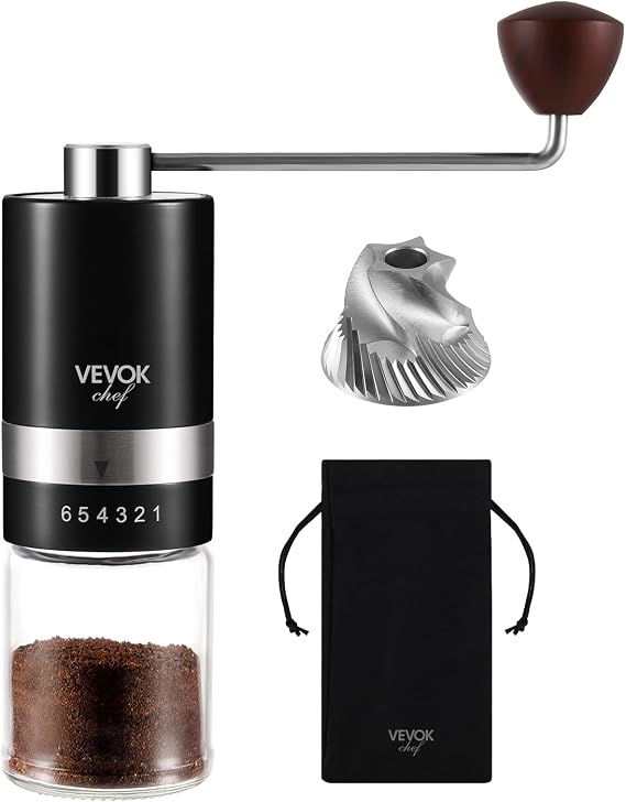 Vevok Chef Manual Coffee Grinder with 6 External Adjustable Coarseness for Espresso to French Press, Stainless Steel Conical Burr, Ideal for Home, Office or Travelling, Black
