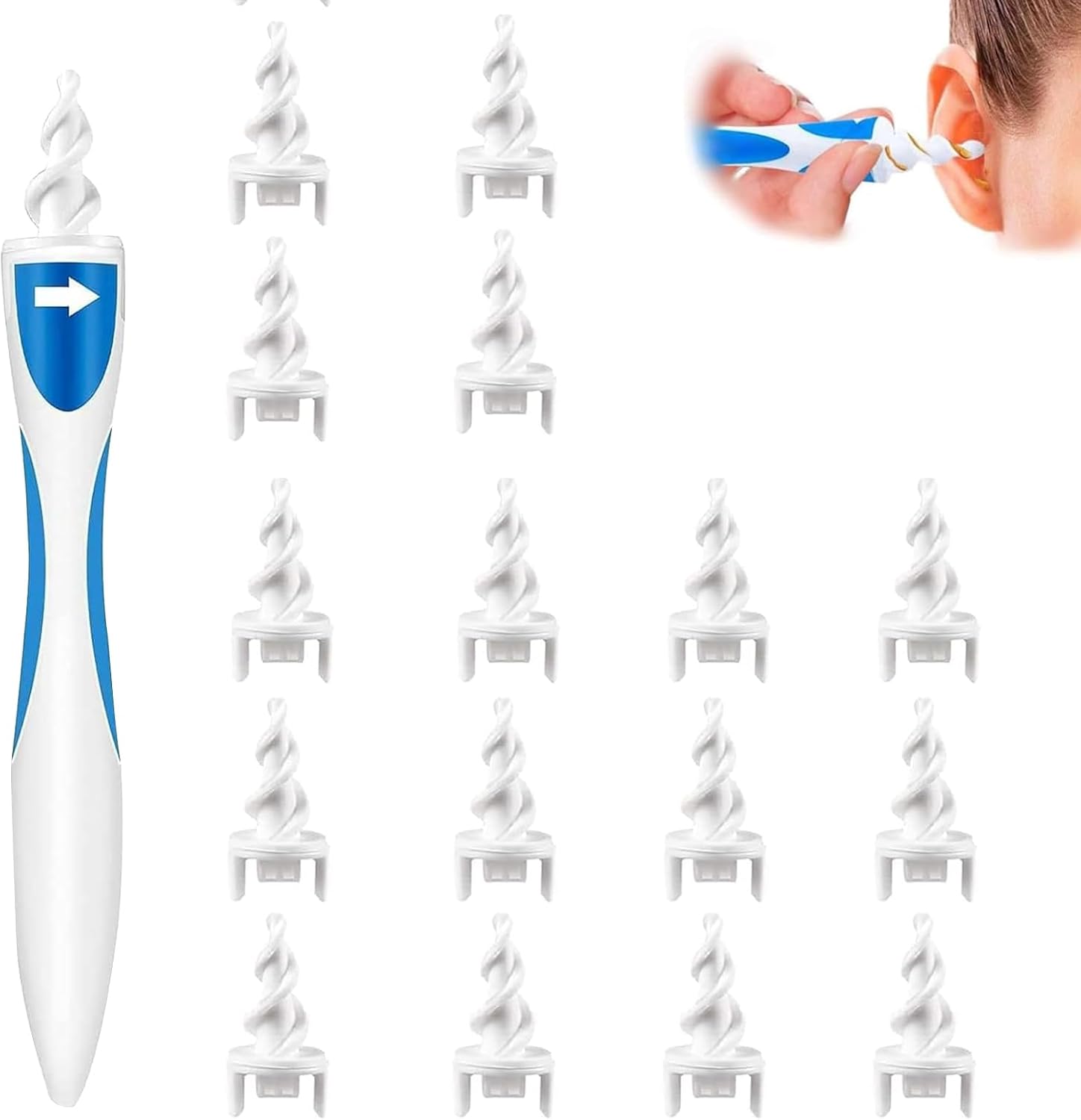 2025 Q Grips Earwax Removal-Spiral Ear Wax Removal Tool, Reusable Washable Earwax Removal Kit, Safe Ear Cleaner with 16 Soft and Flexible Replacement Heads