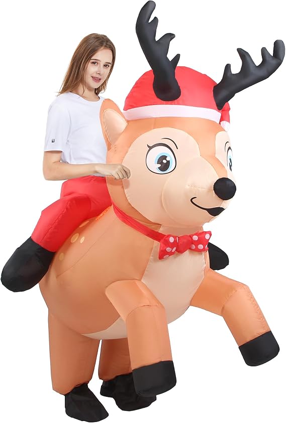 Inflatable Reindeer Costume Adult Christmas Ride on Blow Up Suit | Funny riding elk deer blowup outfit women men for Christmas parties, cosplay and holiday themed events carnival