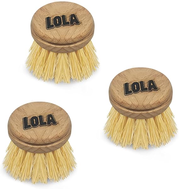 LOLA Replacement Head for the Original Tampico Vegetable & Dish Brush, 3 Pack, Birch Hardwood & Tampico Bristles, Reusable & Washable