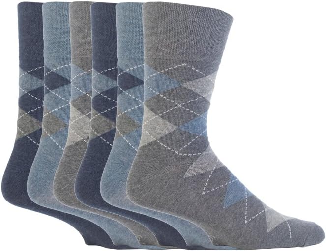 6 Pairs Sockshop Men's Gentle Grip cotton rich Socks 7-12 usa Blue Argyle MGG38