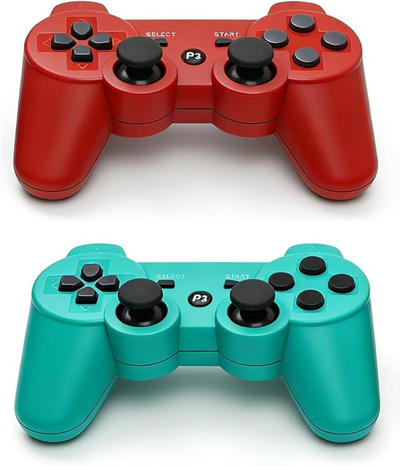 ＲＵＥＩＵＲＩ P-S3 Controller 2 Pack PS-3 Wireless controller 3 Controller Wireless Bluetooth Gamepad with USB Charger Cable for PS-3 Console (Red+Green)