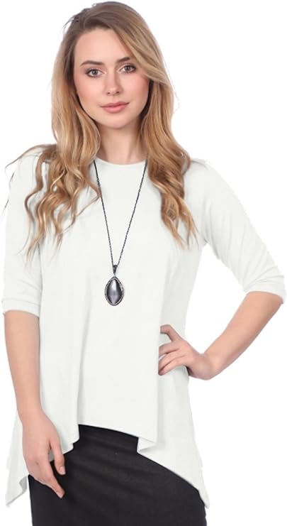 Kosher Casual Womens High Neck Tunic Top with Three Quarter Sleeve and Handkerchief Hem Modest