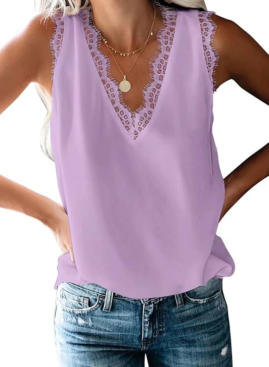BLENCOT Women Lace Trim Tank Tops Summer V Neck Fashion Shirts