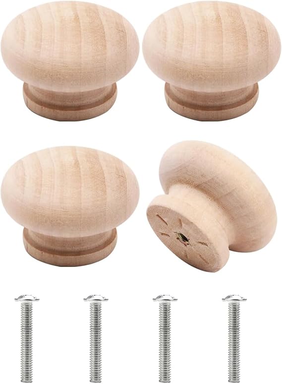 4 Pcs Wooden Cabinet Knobs with Screws, 30mm Diameter Lacquered Pine Knob, Mushroom Drawer Knob, Drilled for Screws or Dowels, Cabinet and Drawer Knobs for Cupboards