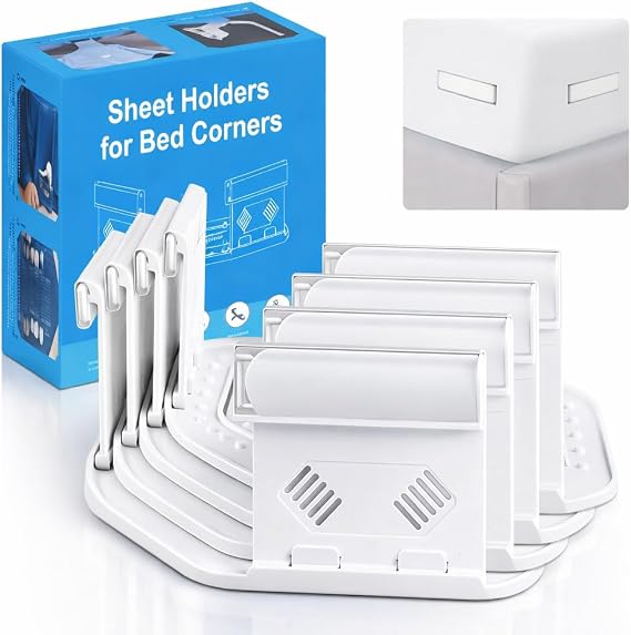 Bed Sheet Holders for Corners, Upgrade Bed Sheet Grippers Locks, 4PCS Fitted Sheet Holder Keep Sheets Firm & Tight, Non-Slip Sheet Clips for Fitted Sheets, Fit All Mattress Easy Install