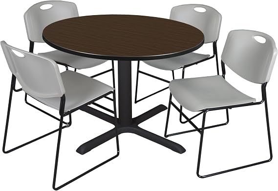 Regency Cain 48 in. Round Breakroom Table and 4 Zeng Stack Chairs Set, Durable Steel X-Base, Heavy-Duty Stackable Seating for Cafeterias Schools Restaurants and Offices (Neo Walnut, Grey)