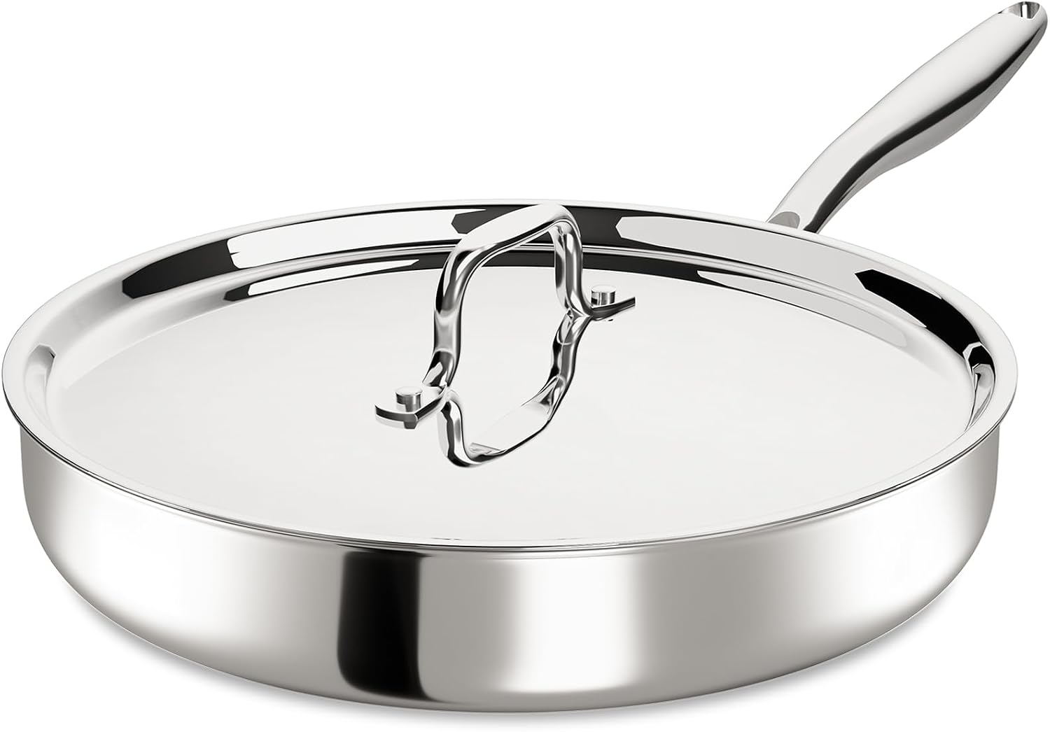 12 Inch Tri-Ply Stainless Steel Frying Pan, Frying Pan with Lid, PFOAPTFE Free Skillet, Induction Cooking Pans, Dishwasher & Oven Broiler Safe 600F, Professional Cookware, Heavy Duty & Even Heat