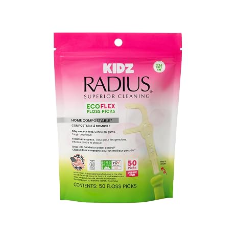 Radius Bubblegum EcoFlex Compostable Floss Picks Kids for Oral Care Boost Non Toxic Tooth & Gum Protection