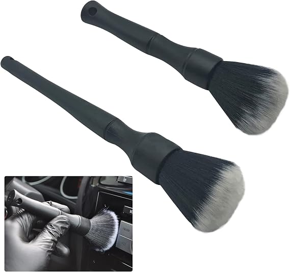 Bansusu Car Detailing Brush Artificial Fiber 2 PCS Ultra Soft Synthetic Bristles Black Car Brush Interior Leave No Trace Easy Cleaning for Detail of Car, Motorcycle