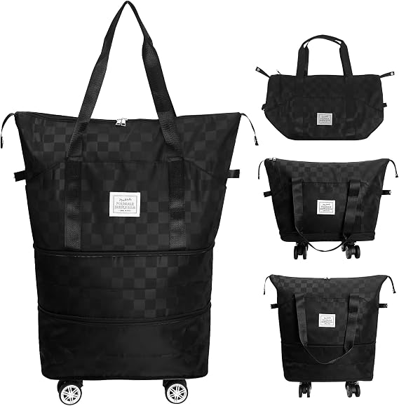 MaxWorks Foldable Travel Duffel Bag with Removable Spinner Wheels - Expandable 25L to 55L Carry-On for Gym Camping Business Trips - Checkerboard Black (51004)