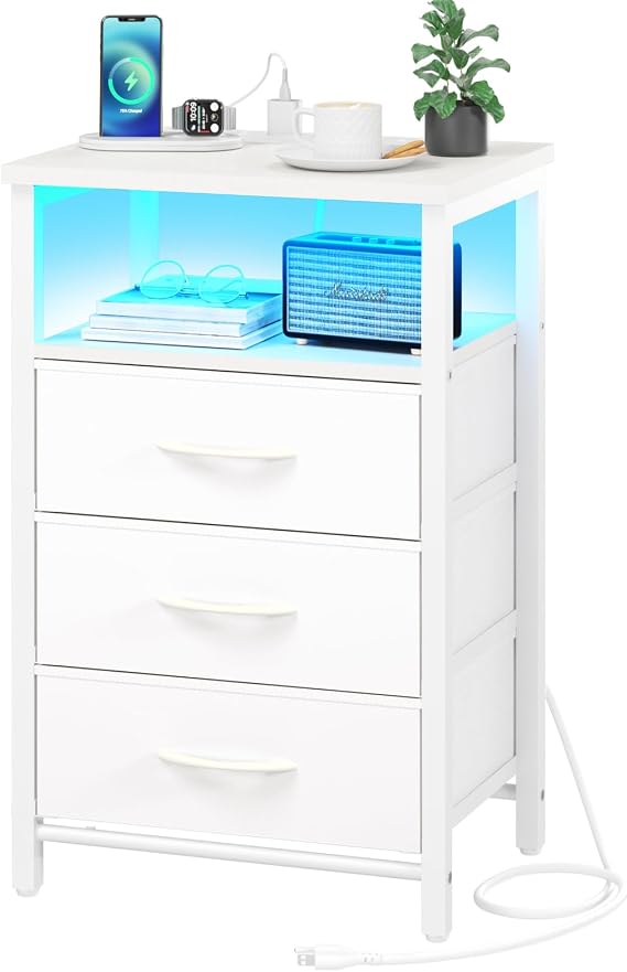 Yoobure Night Stand with Charging Station, LED White Nightstand for Dorm | 16 Colors Bedside Table with 3 Fabric Drawers & Storage Shelf, End Table with USB Ports & Outlets, Small Dresser for Bedroom