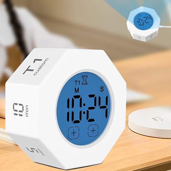 Pomodoro Timer Productivity Timer Cube Octagon Gravity Flip Four Timer Mute & Adjustable Sound Alert for Office, ADHD, Study, Yoga, 30S-1-3-5-10-30-T1-T2 Min&Custom Countdown Time