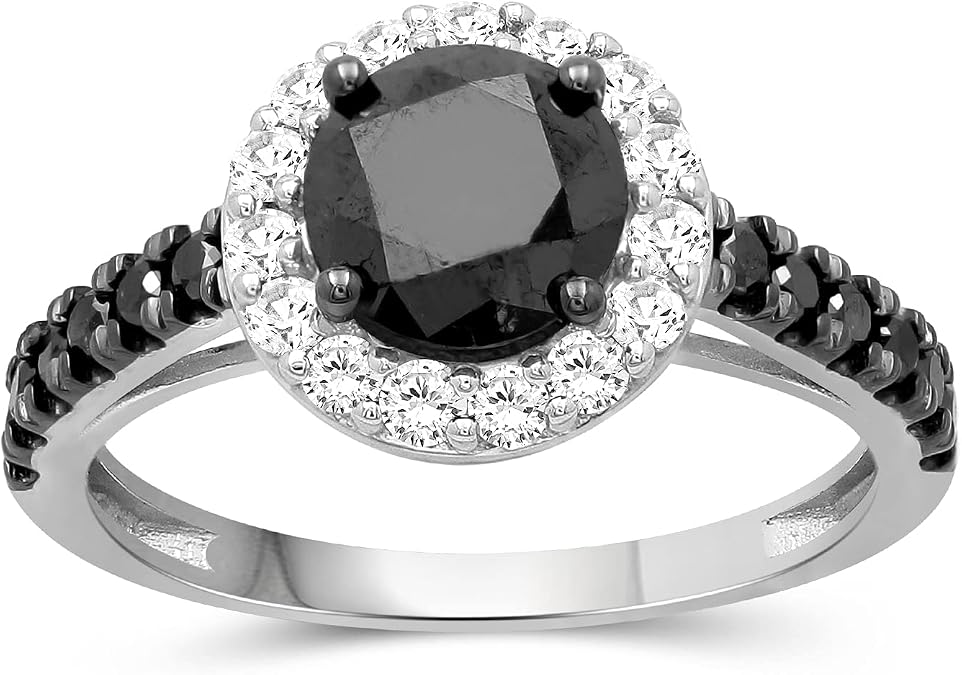 JEWELEXCESS Diamond Halo Rings 2.00CTW Black & White Diamond Halo Ring, Sterling Silver Ring Band Black Ring Diamond Rings for Women Birthday Gifts