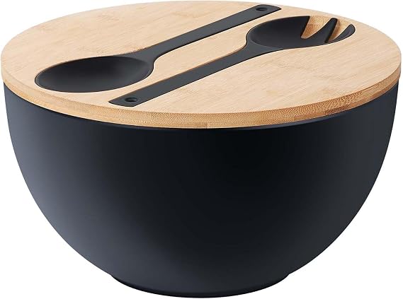 10" Large Salad Serving Bowl with Utensils in Lid, Bamboo Fiber Salad Bowl with Lid, Mixing Bowl with Servers set for Pasta,Fruit,Veggies,Popcorn to Replace Wooden Bowls - Matte Black