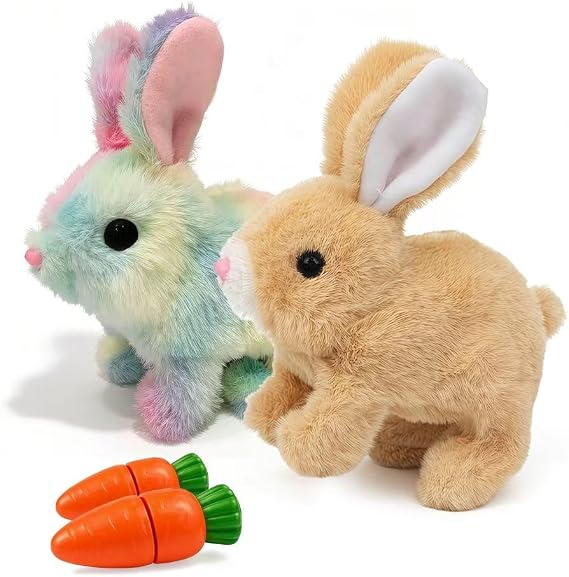 2Pcs Easter Rabbit Toys, 2026 Plush Toys Bunny Electronic with Sounds, Movements Animated Walking Wiggle Ears, Hopping Jumping, Easter Toy Gift for Young Children's