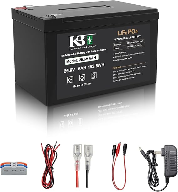 KBT 24V 6Ah Deep Cycle Rechargeable LiFePO4 Lithium Battery with 24V Charger, Charging Cable, Cable Connector