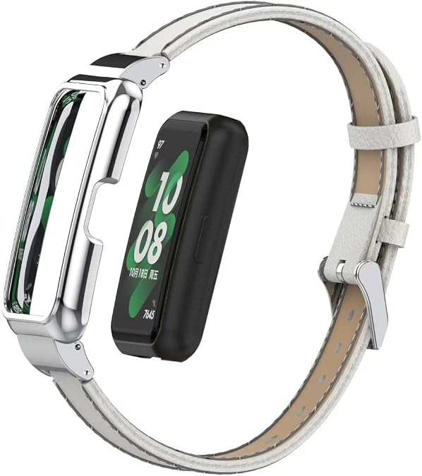 Bands Compatible for Huawei Band 10/9/8/7,Leather Replacement Bracelet Strap Accessories with Metal Frame for Huawei Band 7/8/9/10