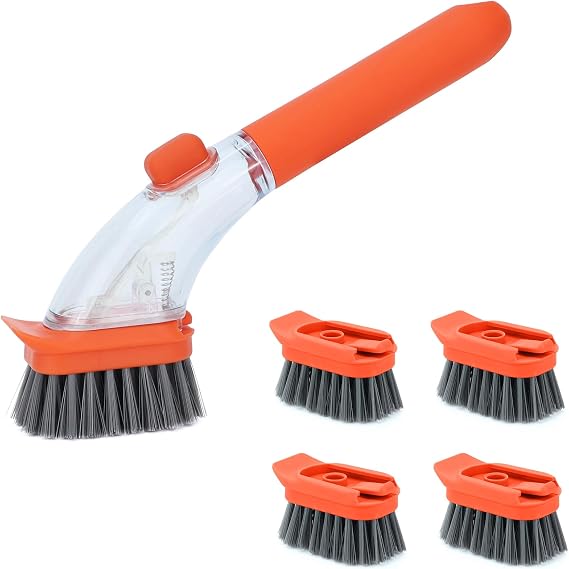 DAPOWER Soap Dispensing Dish Brush with Handle, Kitchen Scrub Brush Set for Dishes Pots Pans Sink Cleaning (Orange)