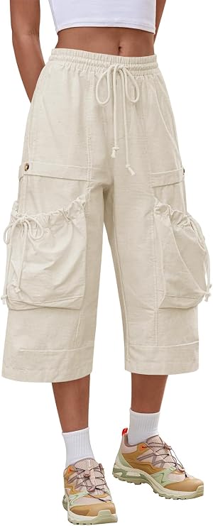 Aoysky Womens Wide Leg Cargo Capris Drawstring Elastic Waist Baggy Cropped Pants with Utility Pockets Casual Trousers