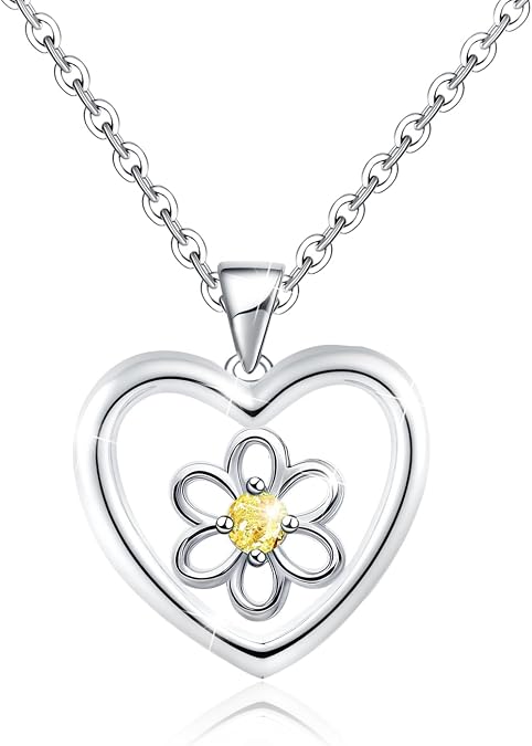 Heart Shaped Necklace for Women Sterling Silver Pendant Necklace for Ladies Hypoallergenic Adjustable Yellow Cubic Zirconia Daisy Charm Necklaces Dainty Flower Jewelry Gifts for Teens Daughter Niece