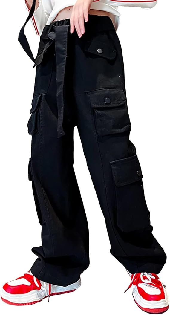 Rolanko Girls Cargo Pants Baggy Y2K Cargo Trousers Jeans Wide Leg Pants with Multi Pockets 4-15 Years