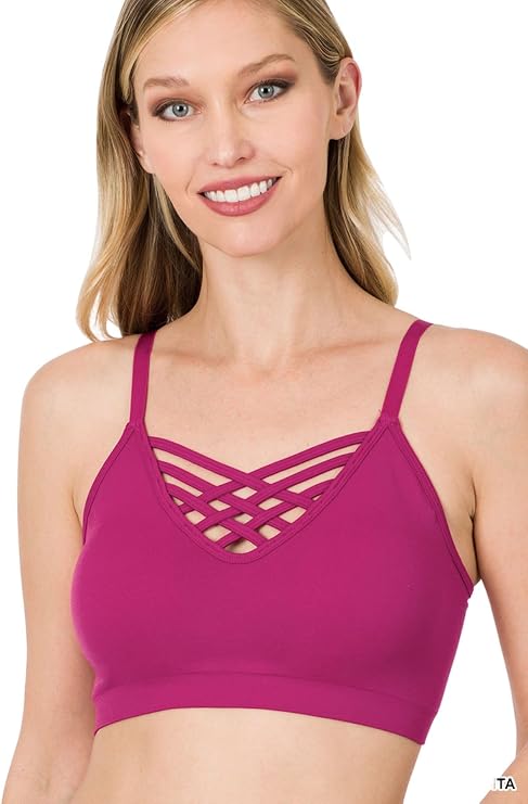 Zenana Women's Sexy Cross Strappy Wirefree Sports Bra Bralette (US, Alpha, Small, Medium, Regular, Regular, Magenta)