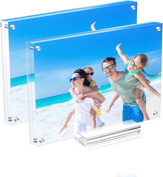 2 Pack 4x6 Acrylic Picture Frames, Double Sided Magnetic Display | Crystal Clear Frameless Photo Frames, Freestanding Desktop Display with Detachable Stand & Gift Box