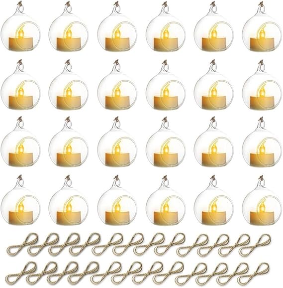 Sziqiqi Hanging Glass Globes Orbs Tea Light Candle Holders with Flameless LED Tealight for Wedding Ornaments, Wedding Birthday Christmas Party Centerpiece Accessory 2.36inch 20pcs +4 Extra