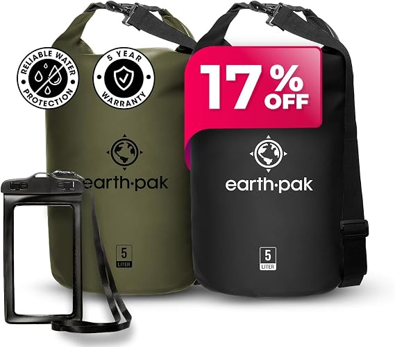 Earth Pak Waterproof Dry Bag - Roll Top Waterproof Backpack Forest Green 5L & Black 5L