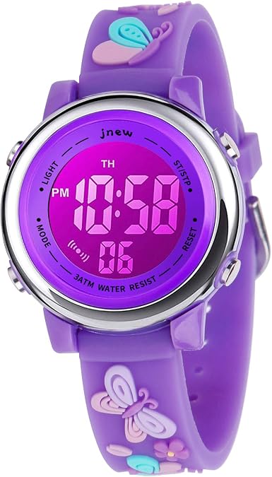 Kids Watch 3D Cartoon Toddler Wrist Digital Watch Waterproof 7 Color Lights with Alarm Stopwatch for 3-10 Year Boys Girls Little Child (Butterfly B-D Purple)