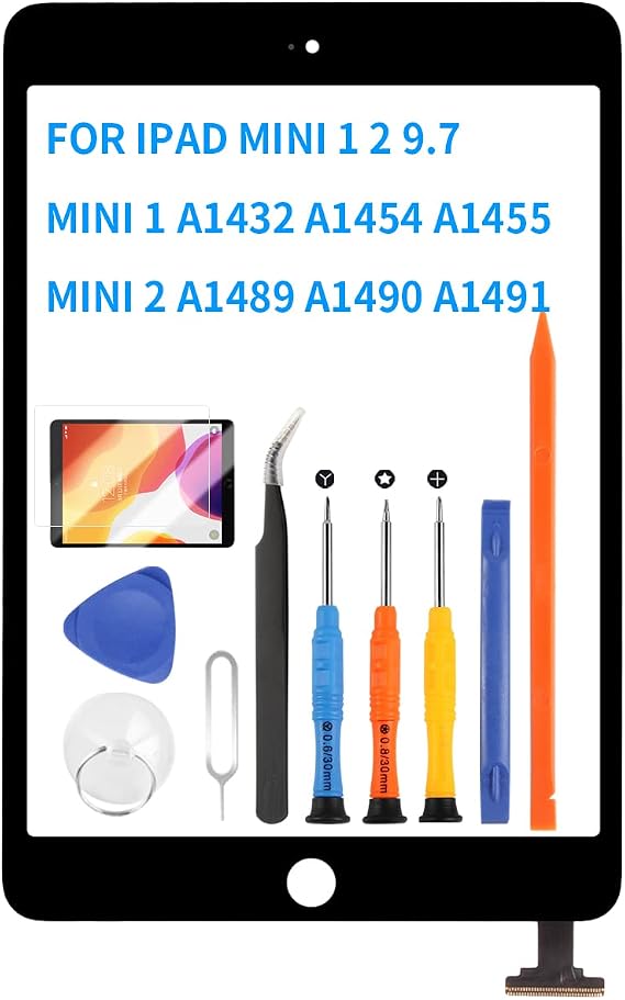 for iPad mini 1 2 Screen Replacement Mini1 A1432 A1454 A1455 Mini2 A1489 A1490 A1491 Touch Screen Digitizer Sensor Full Glass Panel with Tempered Glass +Tools Kits (Black)