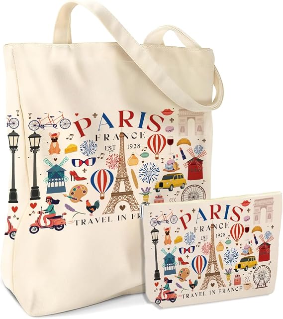 Paris Airplane Travel Gifts Cosmetic Makeup Bag Beach Canvas Tote Bag for Women Girls Christmas Birthday