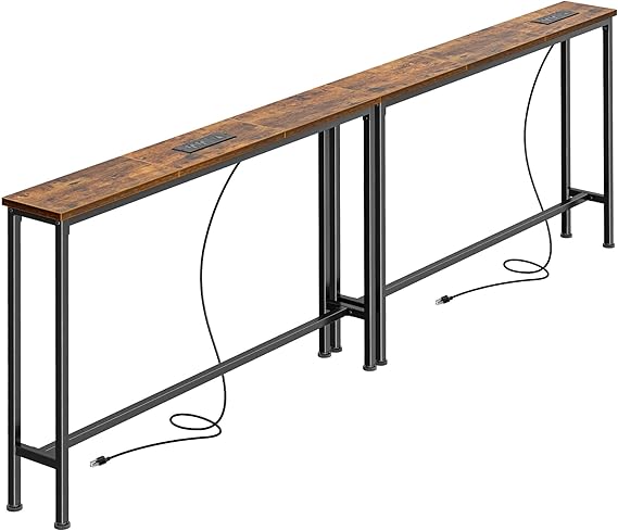 SUPERJARE 78.8 inch Narrow Behind Couch Table with 2 Charging Stations | 2 AC Outlets with USB-C Ports, Extra Storage Behind Sofa, Sofa Table Console Table for Entryway Living room, Rustic Brown
